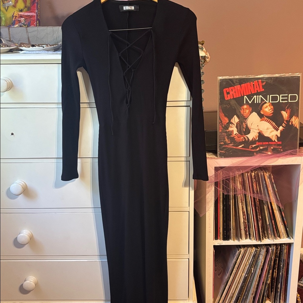 Reformation Edison Ribbed Knit Midi Dress Black Fitted Taylor Swift Laceup Sexy